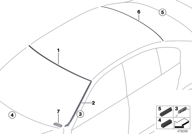 Остекление, дополнительные элементы для BMW F30 320i N20 (схема запчастей)