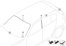 Остекление, дополнительные элементы для BMW F21N 114d N47N (схема запасных частей)