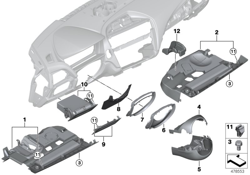 Доп.элементы панели приборов Нж. для BMW F21N M135iX N55 (схема запчастей)