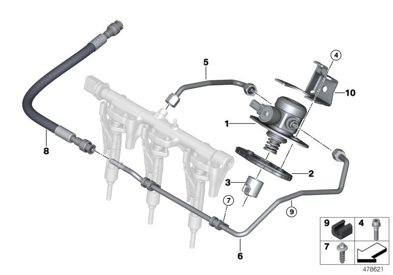 Насос высокого давления/трубопроводы для BMW F45 225xe B38X (схема запчастей)