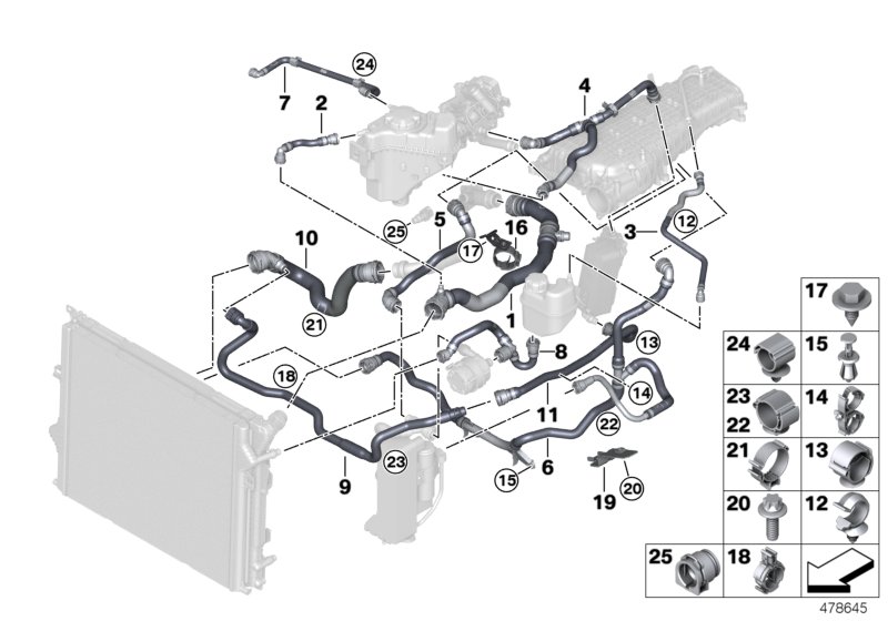 Шланги системы охлаждения для BMW F30N 340iX B58 (схема запчастей)