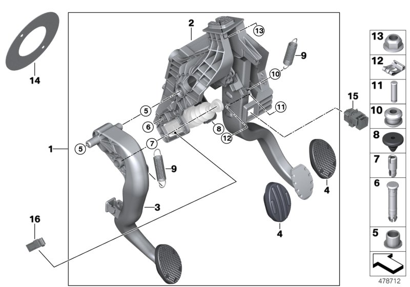 Педальный механизм для а/м с МКПП для BMW F55 One B38 (схема запчастей)