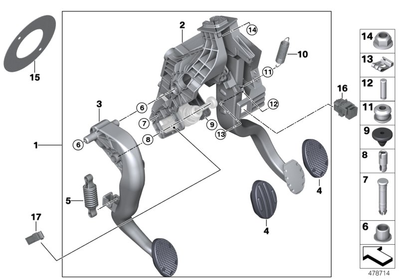 Педальный механизм для а/м с МКПП для BMW F55 Cooper D B37 (схема запчастей)