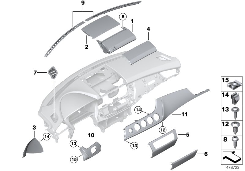 Доп.элементы панели приборов Вх для BMW E89 Z4 20i N20 (схема запчастей)