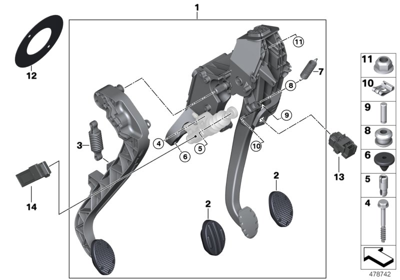 Педальный механизм для а/м с МКПП для BMW F54N One D B37B (схема запчастей)