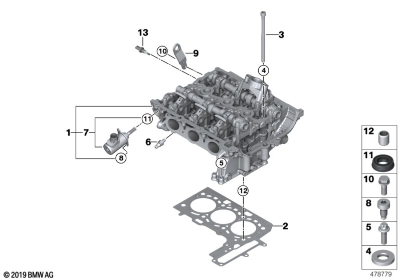 головка блока цилиндров для BMW F36N 418i B38 (схема запчастей)