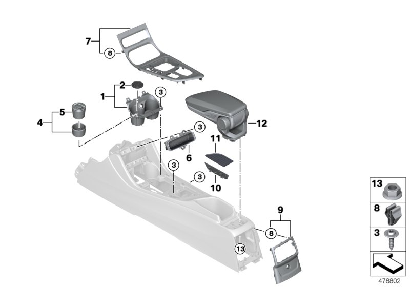 Доп.элементы центральной консоли для BMW M13 Zinoro 60H/100H B38X (схема запчастей)