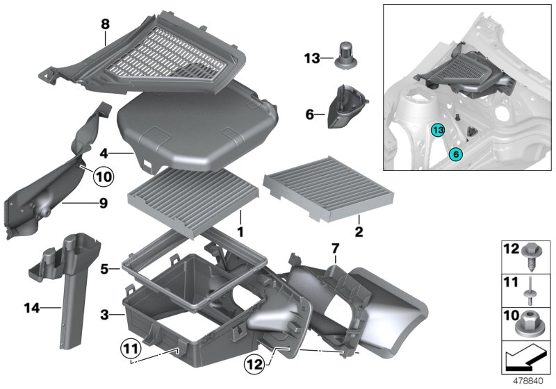 Микрофильтр/детали корпуса для BMW F25 X3 20dX B47 (схема запчастей)
