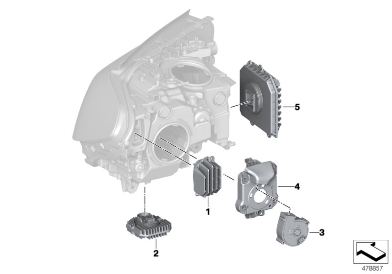 Детали электронного блока фары для BMW G31 530dX B57 (схема запчастей)