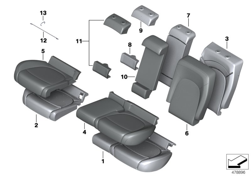 Мягкая часть и обивка заднего сиденья для BMW F60 Cooper SD ALL4 B47 (схема запчастей)