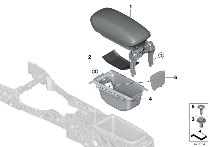 Дооснащение среднего подлокотника Пд для BMW F54 One B38 (схема запчастей)
