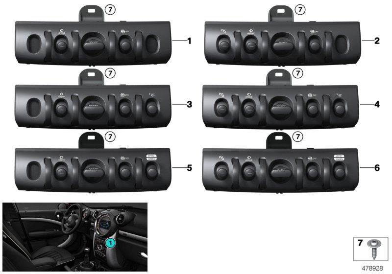 Блок переключателей в центр.консоли для BMW F60 Cooper SE ALL4 B38X (схема запчастей)