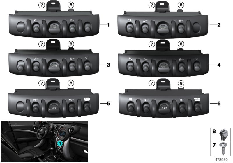 Блок переключателей в центр.консоли для BMW F56 One B38 (схема запчастей)