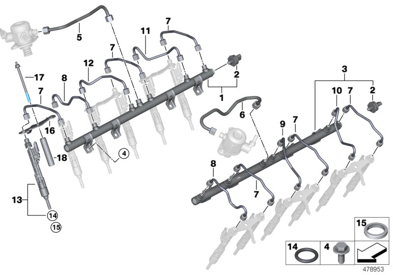 Магистраль Rail/форсунка/провод для BMW RR31 Cullinan N74L (схема запчастей)