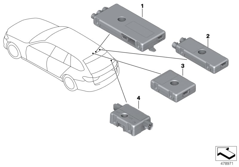 Детали системы антенн для BMW G31 530iX B48 (схема запчастей)