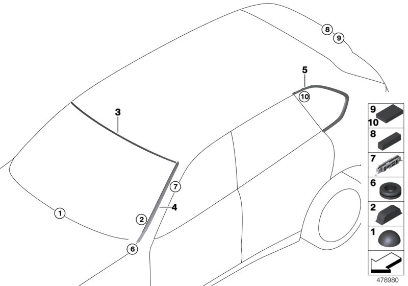 Остекление, дополнительные элементы для BMW F15 X5 25d B47 (схема запчастей)