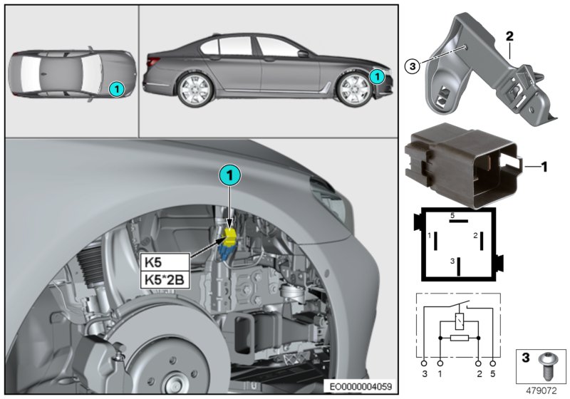 Реле электровентилятора двигателя K5 для BMW G30 530eX B48X (схема запчастей)