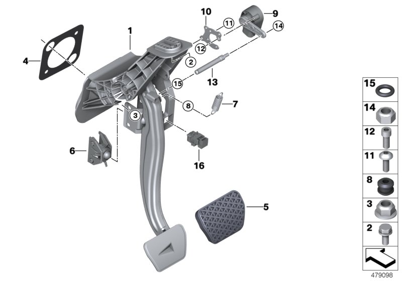 Педальный механизм АКПП для BMW G30 530e B48X (схема запчастей)