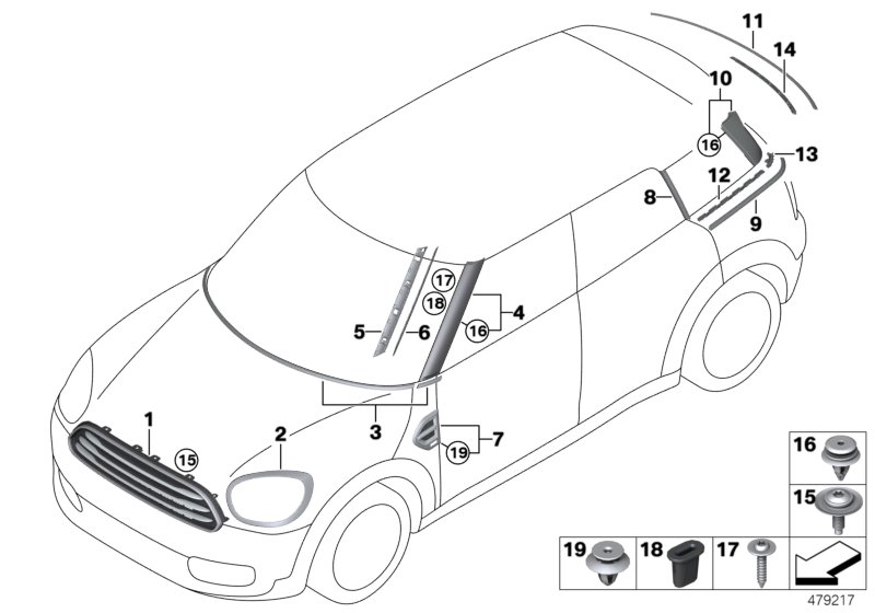 Наружные накладки / декоративные решетки для BMW F60 Cooper S B48C (схема запчастей)
