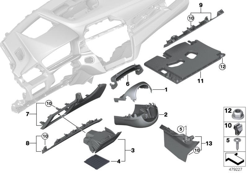 Доп.элементы панели приборов Нж. для BMW F48N X1 18i B38C (схема запчастей)