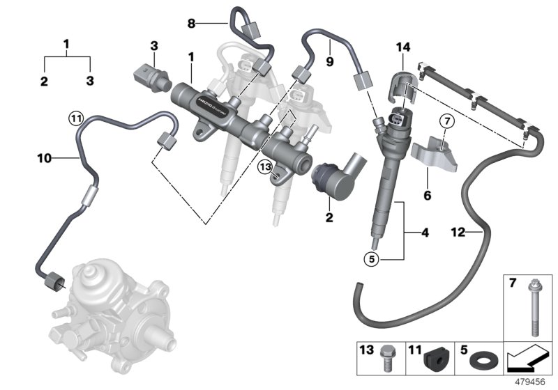 Ресивер/инжектор/провод для BMW F48 X1 20dX B47 (схема запчастей)