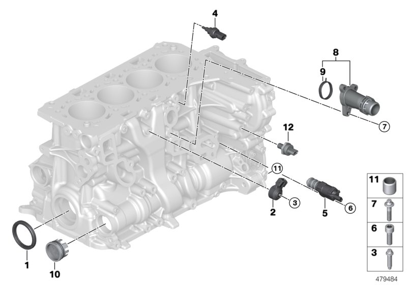 Блок цилиндров/дополнительные элементы для BMW F36 420iX B48 (схема запчастей)