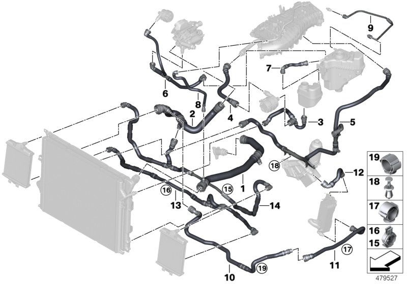 Шланги системы охлаждения для BMW F33N 430i B46 (схема запчастей)
