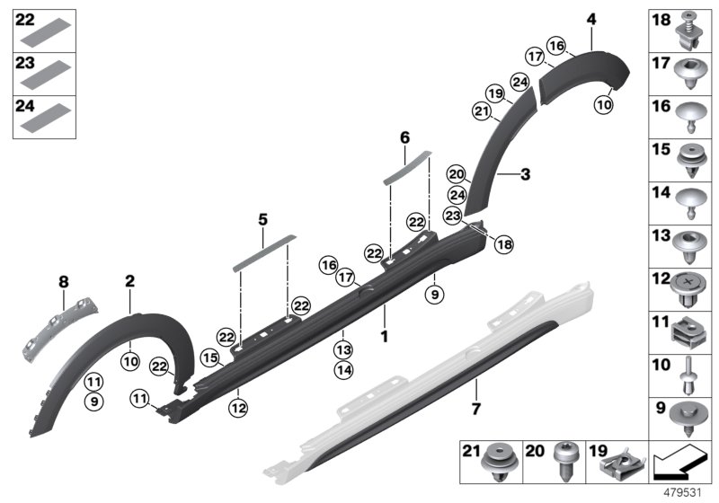 Накладка порог / арка колеса для MINI F60 JCW ALL4 B48 (схема запчастей)