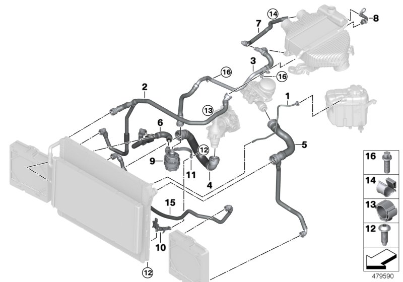 Шланги системы охлаждения для BMW F82 M4 GTS S55 (схема запчастей)