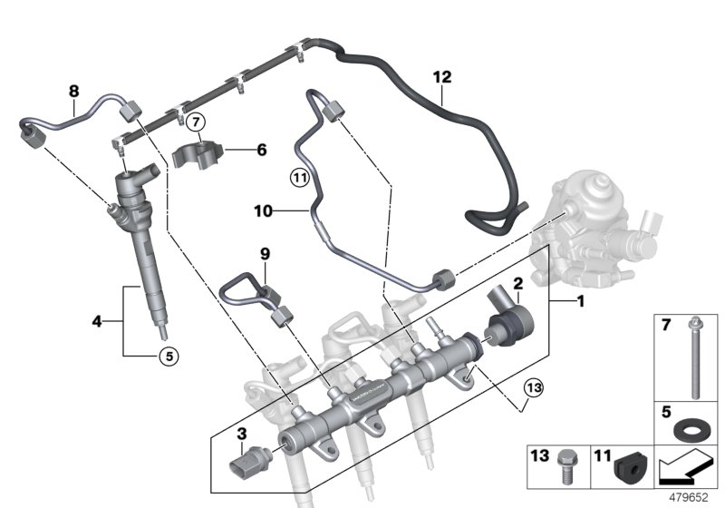 Ресивер/инжектор/провод для BMW F34N 318d B47 (схема запчастей)