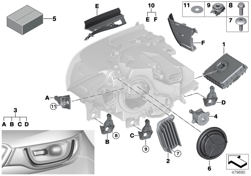 Детали светодиодной фары для BMW I01 i3 60Ah Rex IB1 (схема запчастей)