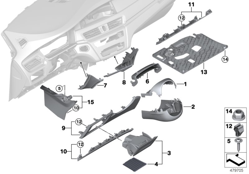 Доп.элементы панели приборов Нж. для BMW M13 Zinoro 60H/100H B38X (схема запчастей)