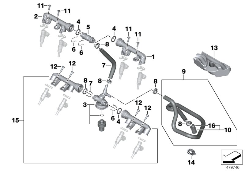 Клапаны/трубопроводы системы впрыска для BMW K47 S 1000 R (0D02, 0D12) 0 (схема запчастей)
