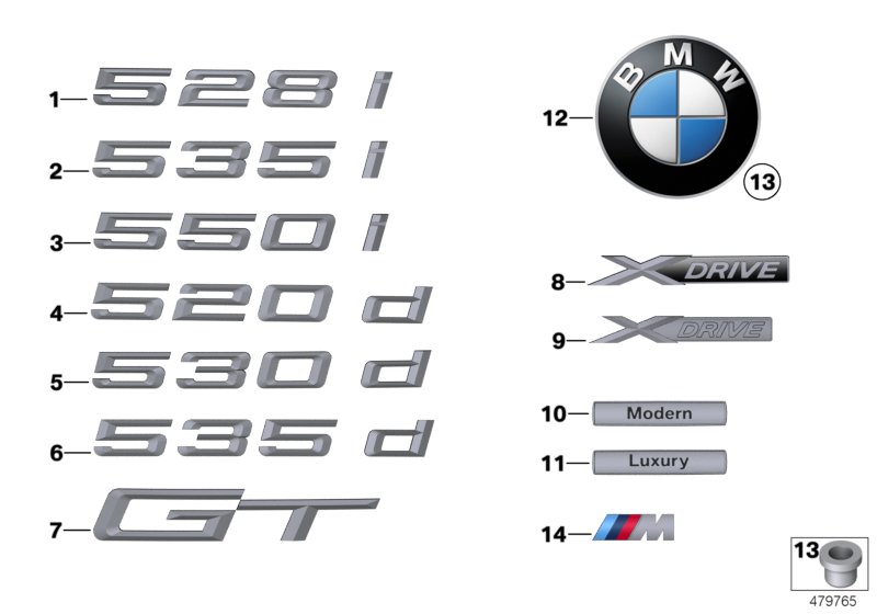 Эмблемы / надписи для BMW F07N 530d N57N (схема запчастей)