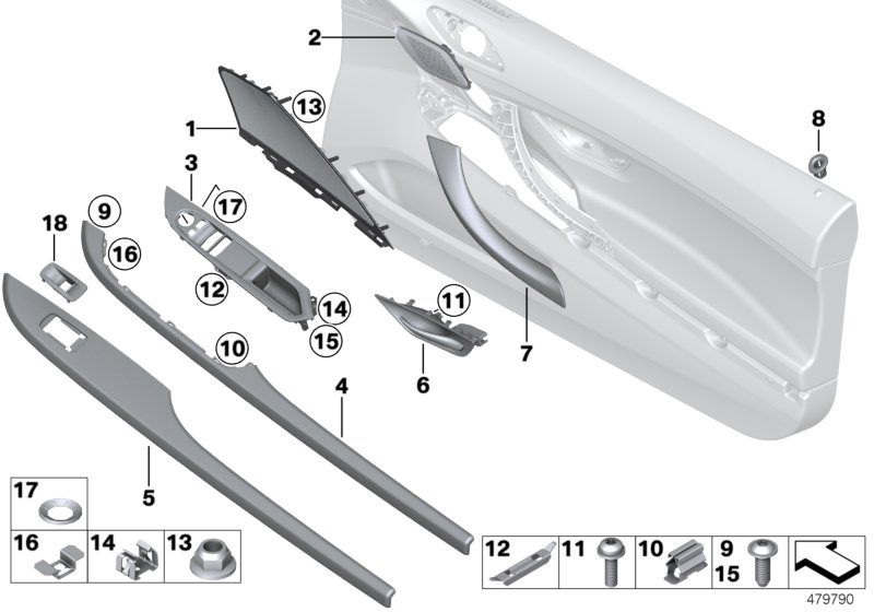Доп.элементы обшивки двери для BMW F12 M6 S63N (схема запчастей)