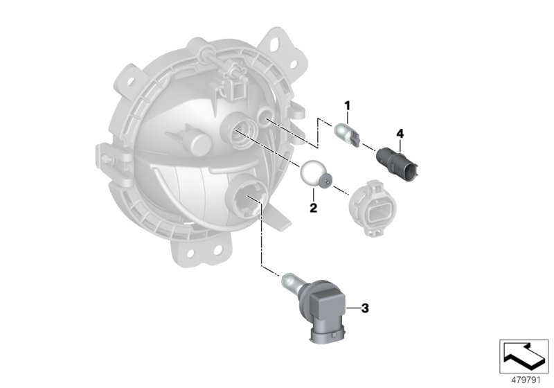 Детали фары на бампер для MINI F60 Cooper ALL4 B38 (схема запчастей)