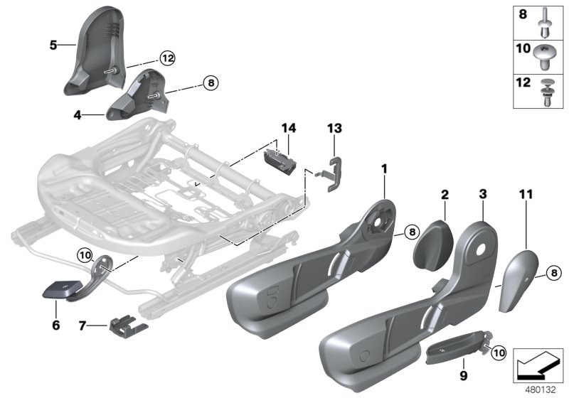 Сиденье Пд накладки сиденья для BMW F46 218dX B47 (схема запчастей)