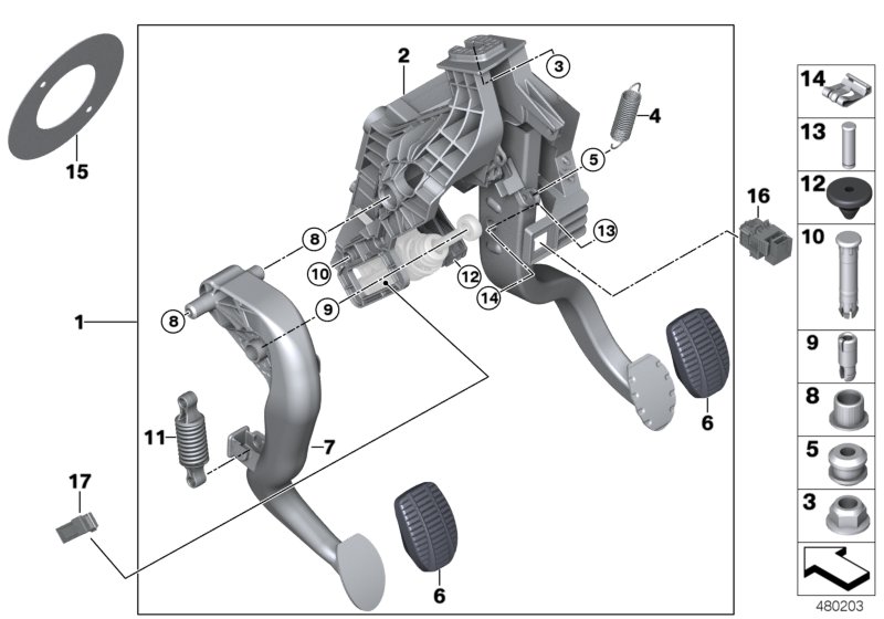 Педальный механизм для а/м с МКПП для BMW F46N 220d B47 (схема запчастей)