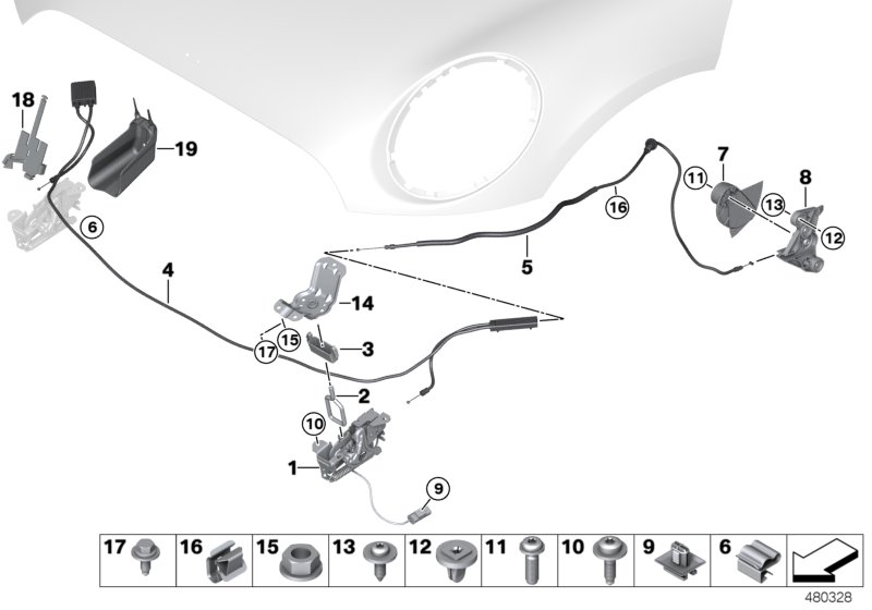 Система замков капота для BMW F54N Cooper B38C (схема запчастей)