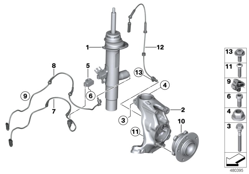Стойка амортизатора Пд VDC/доп.элементы для BMW F30 335i N55 (схема запчастей)
