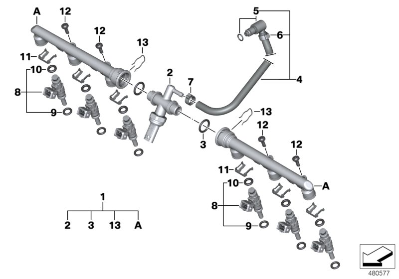 Клапаны/трубопроводы системы впрыска для BMW A40 A40 (9X01, 9X02) 0 (схема запчастей)