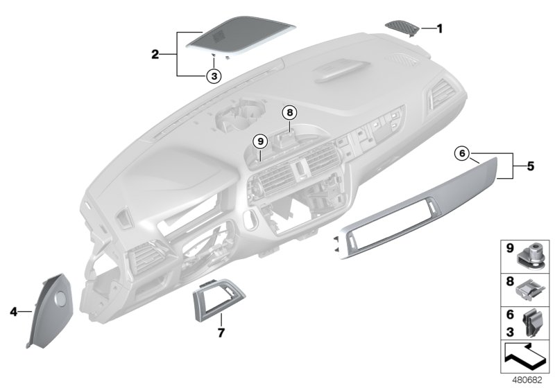 Доп.элементы панели приборов Вх для BMW F23N 218i B38 (схема запчастей)