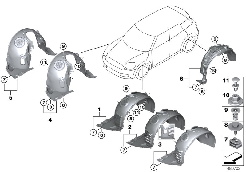 Защитный кожух колесной ниши для MINI F60 Cooper S ALL4 B48C (схема запчастей)
