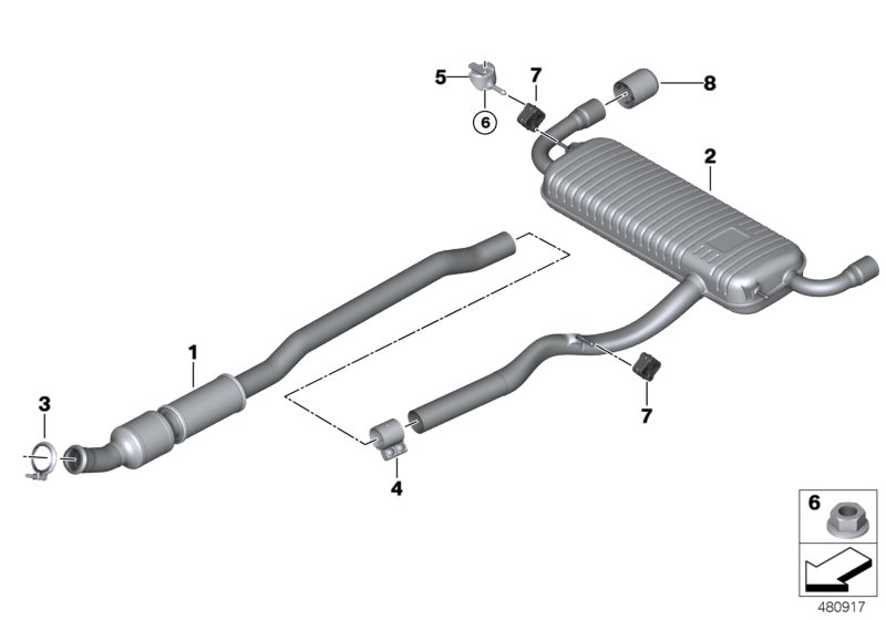 Система выпуска ОГ Зд для MINI F60 Cooper S ALL4 B46 (схема запчастей)