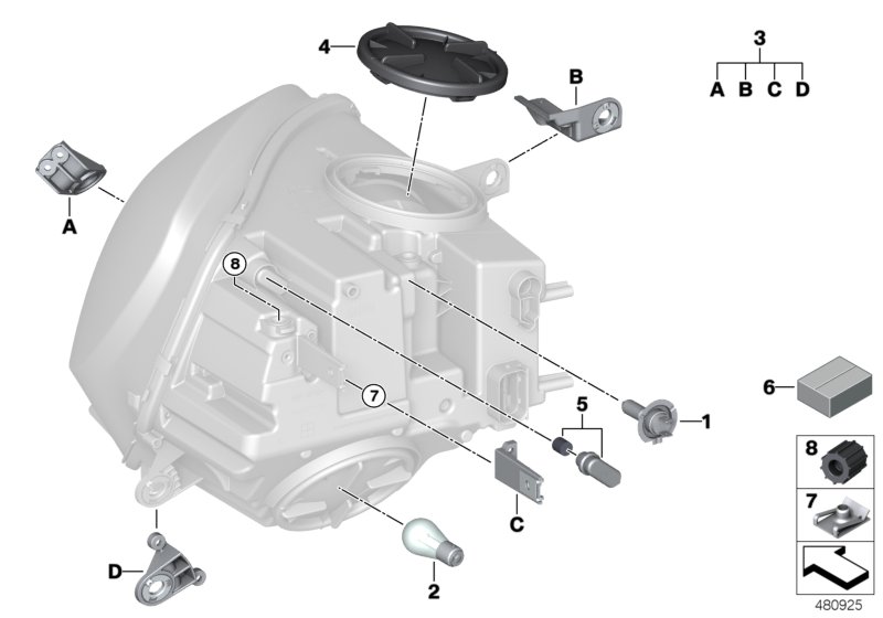 Детали галогенной фары для BMW F60 Cooper D B47 (схема запчастей)