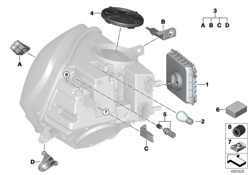 Детали светодиодной фары для BMW F60 Cooper B38 (схема запчастей)