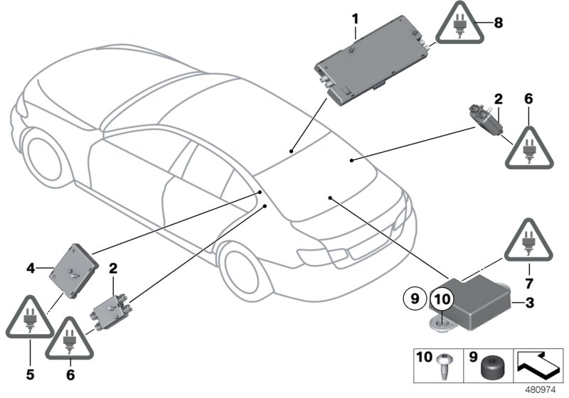 Детали разнесенной антенны для BMW F10 528i N20 (схема запчастей)