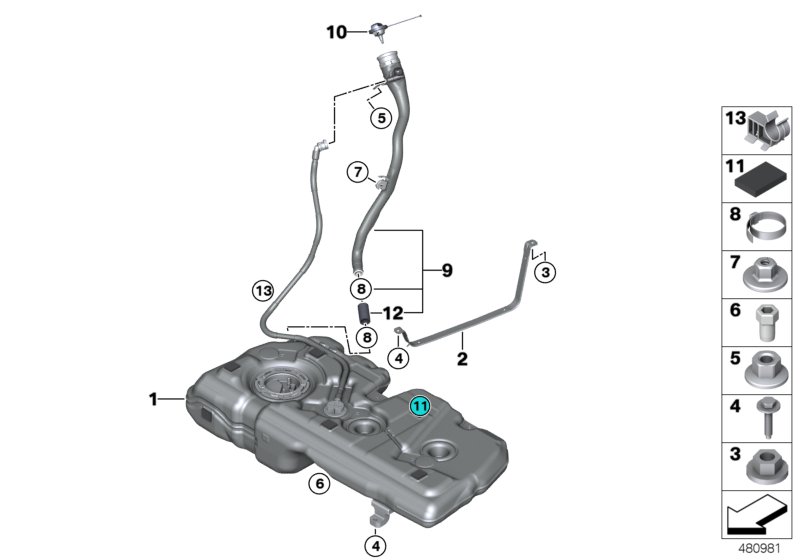 Топливный бак/дополнительные элементы для BMW F60 Cooper SD B47 (схема запчастей)