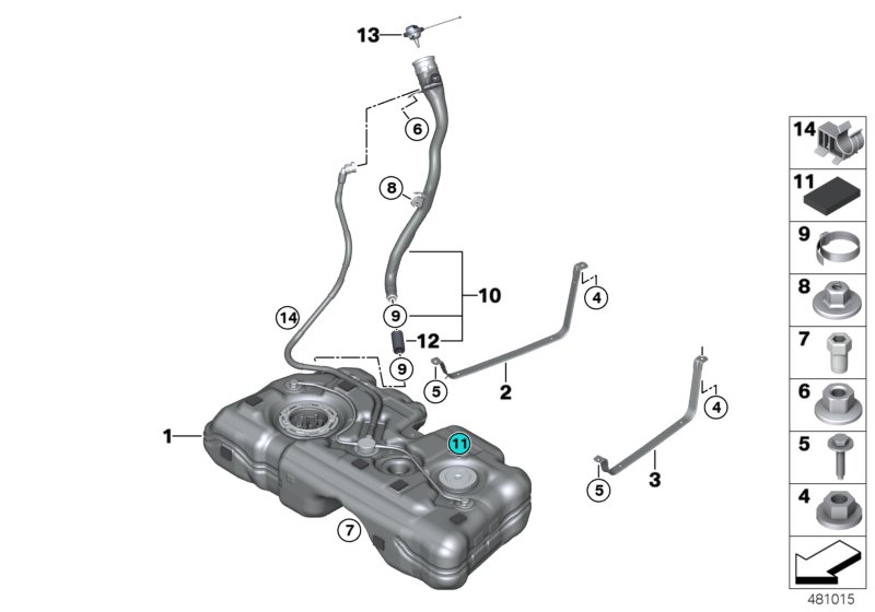 Топливный бак/дополнительные элементы для BMW F60 Cooper D ALL4 B47B (схема запчастей)