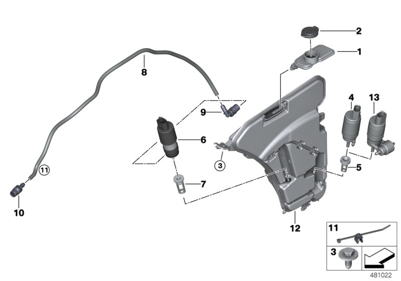 Бачок стеклоомывателя/омывателя фар для BMW G30 525d B47 (схема запчастей)